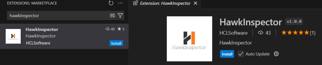 Installing HawkInspector from the Extensions option in VS Code